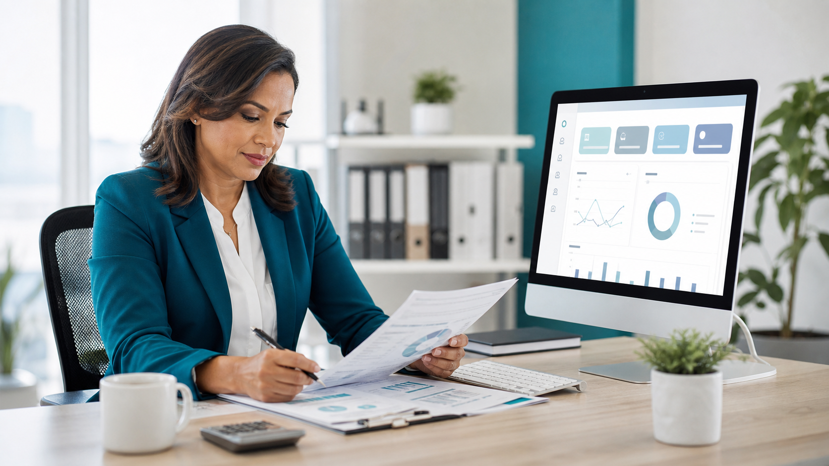 Contadora revisando reportes fiscales en Factly